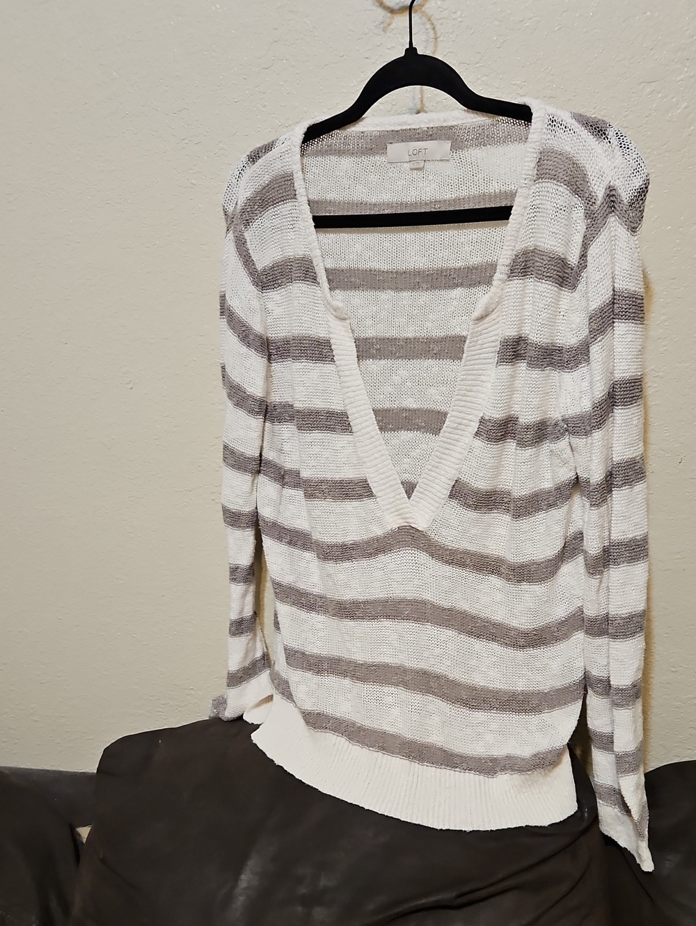 LOFT Linen Blend Striped V-Neck Lightweight Sweater - White & Gray